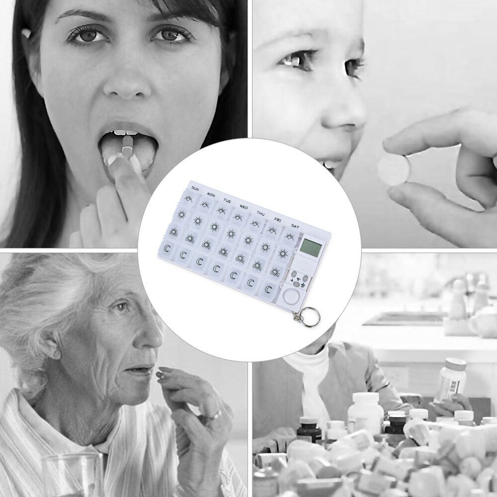 28 rutenett ukentlig 7 dager pilleboks medisin pilleetui arrangør tabletter oppbevaring pille dispenser timer påminnelse