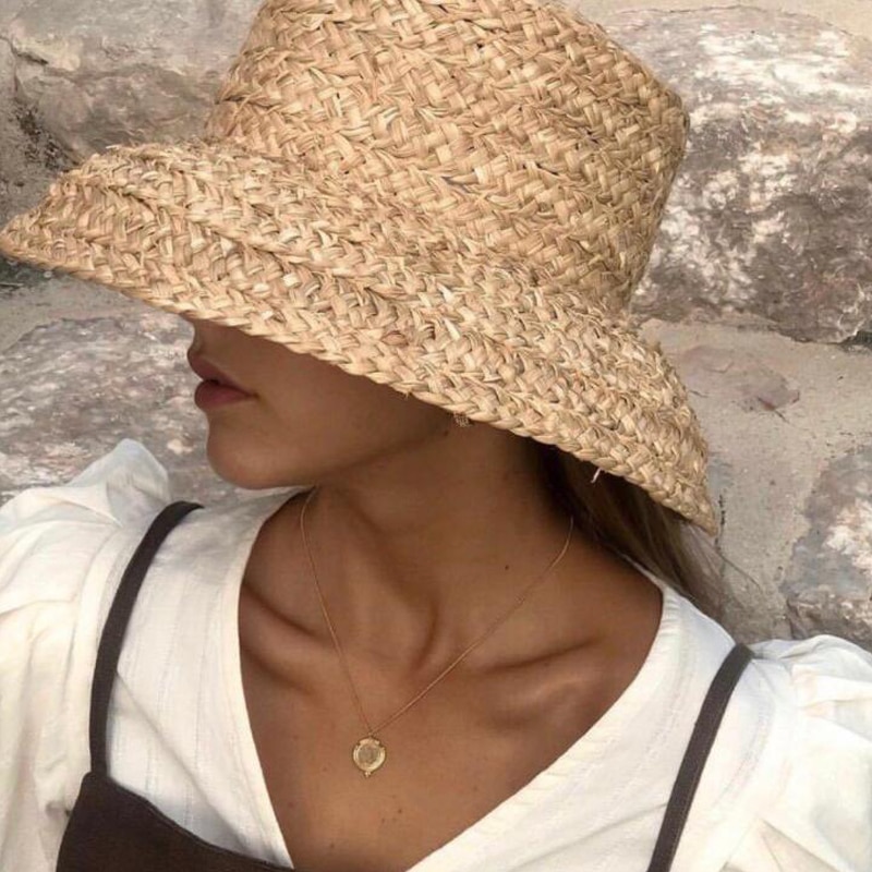 Sommarhattar för kvinnor retro platt hängande hatt brätte handgjord raffia stråhatt dam utomhus solskydd strand halmhatt