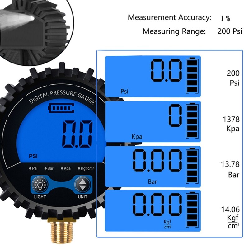 Dial Size Digital Pressure Gauge 0-200 Psi/Kpa/Bar/kgf cm² M11 Screw Thread Lower Mount Battery Powered Guage