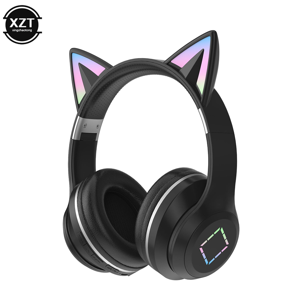 NEWEST LED Flash Light Cute Cat Ears Wireless Headphone with Mic Kid Girl Stereo Music Foldable Helmet Bluetooth Headset: black