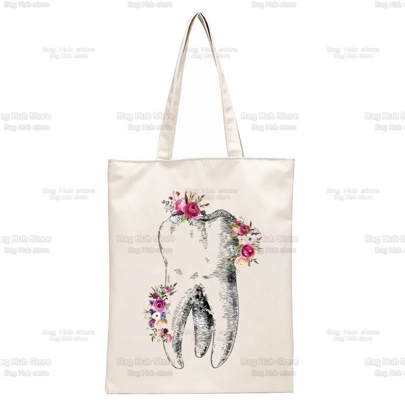 Tooth and Dentist Graphic Aesthetic Funny Handbags Shoulder Bags Casual Shopping Girls Handbag Women Canvas Bag: WHITE