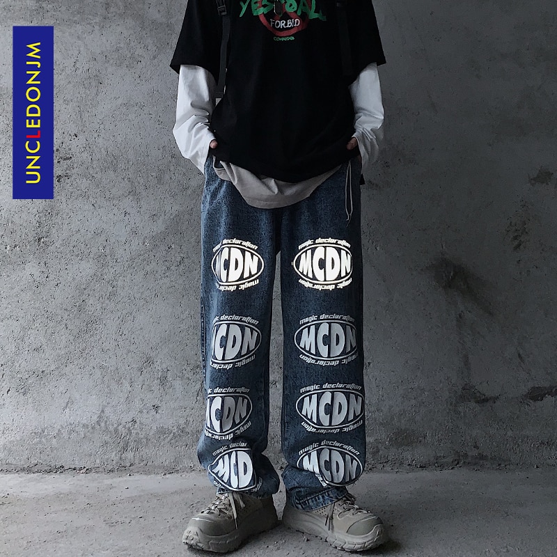 UNCLEDONJM Reflective letter jeans men hiphop high street denim jeans streetwear men graffiti jeans men clothing ED-Y802