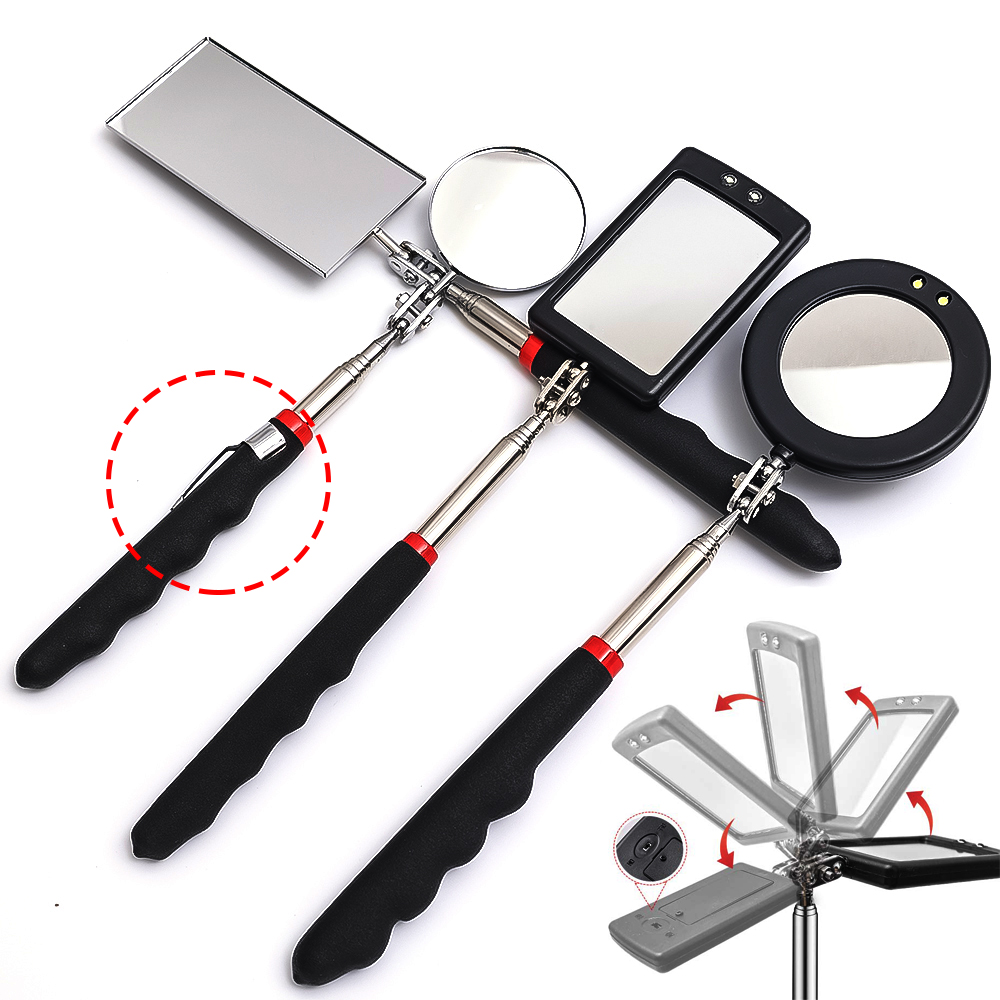 360° Inspection Mirror LED Light Telescoping Mirrors Extend Mechanic Tools Inspection Mirror Telescopic Handle Repairing Tools