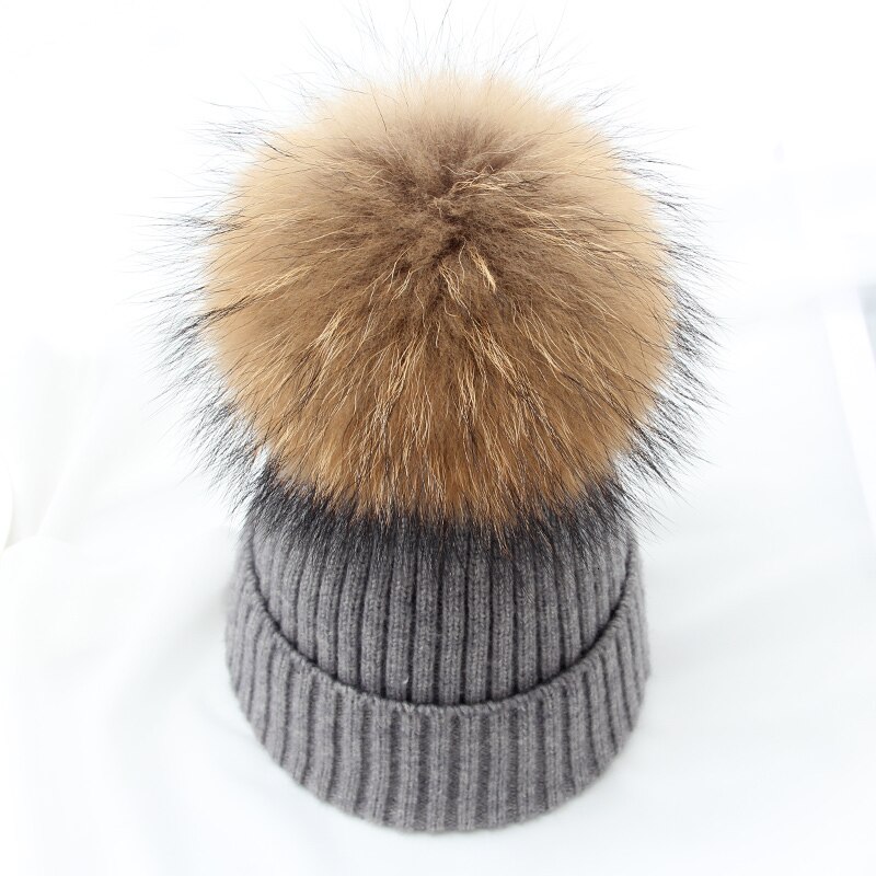 Vinter brand kvindelig pels pom poms hat vinter hat til kvinder piger hat strikkede beanies cap hat tyk kvinder uld skullies beanies: Mørkegrå