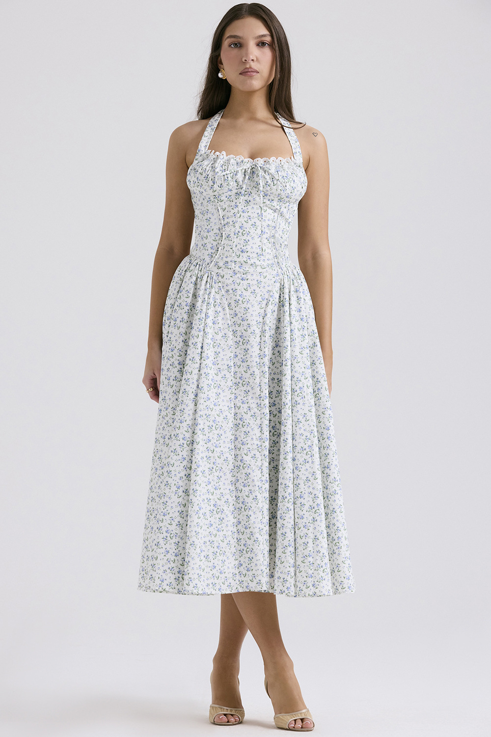 Vintage blomstret halterneck midi sommerkjole dame højtaljet pink blå sort rød kjole sommerkjoler kvinde fødselsdagskåbe