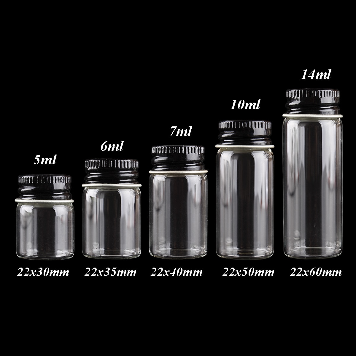 48 Stuks Diameter 22 Mm Glazen Flessen Met Zwarte Aluminium Caps 5-14 Ml Kleine Glazen Potten Wedding Craft 5 Maten U-Pick
