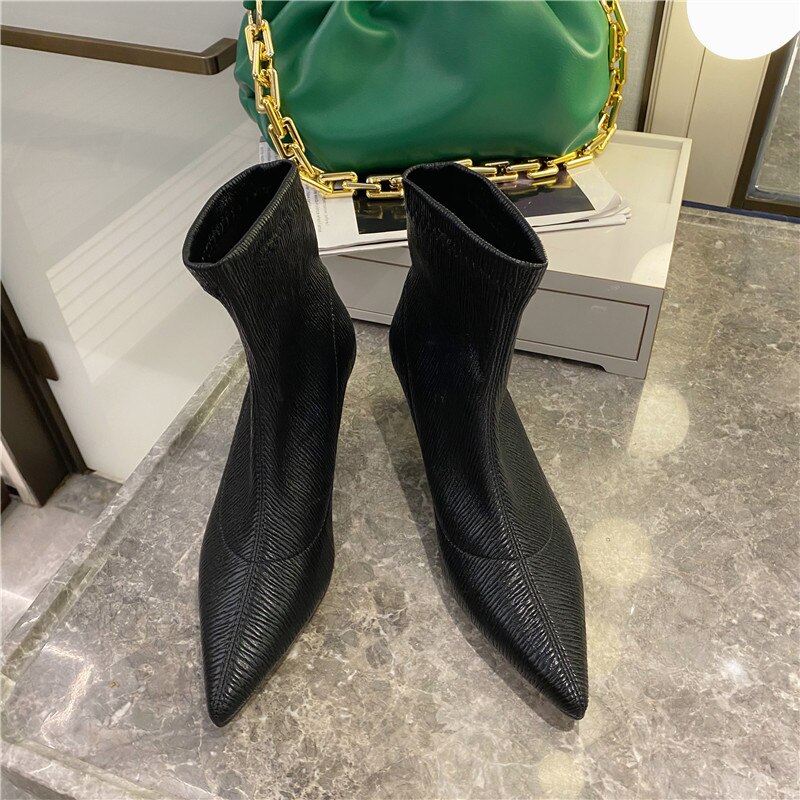 Pointed Toe Sock Boots Women Ankle Boots Stretch Shoes Slip On Thin Mid Heels Chelsea Boots Woman Red Black Shoes Short Boots: Black / 5.5