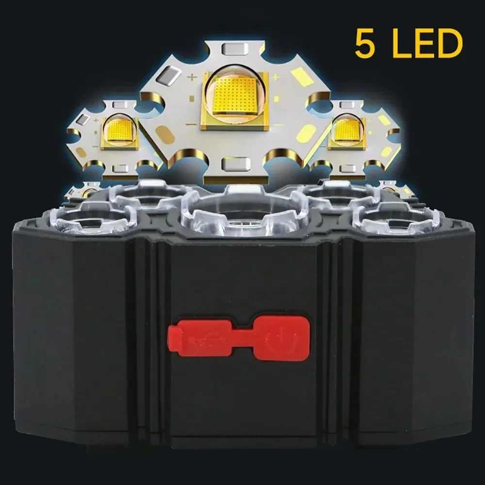 Linterna frontal de luz fuerte 5LED, linterna para cabeza de pesca recargable por USB, linterna para acampar y ciclismo, lámpara de mina montada en la cabeza