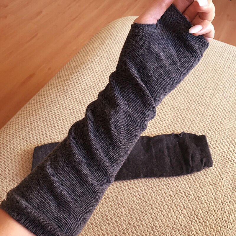 Kvinder strikkede lange fingerløse handsker håndled arm varmere vinter solid strip hånd varme lange handsker damer vante arm ærme