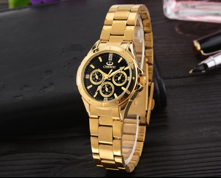 Chenxi Luxe Goud Heren Horloges Luxe Quartz Rvs Heren Horloges Luxe Mannen Horloges Relogio Masculino Horloge Mannen: Women Black  Dial