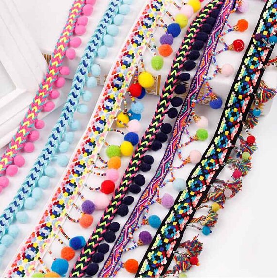 2 yards Kleurrijke Pom Pom Trim, geborduurde Riem Trim Kwastje Regenboog Pom Pom Bal Bobble Kant Kwastje Lint Fringe Trim DIY