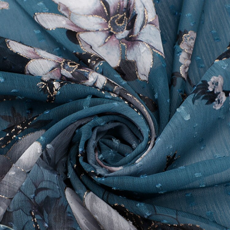 Soft Blue Plum Patroon Bronzing Gedrukt Chiffon Tule Stof Voor Trouwjurk, Door De Meter,150 Cm Breedte