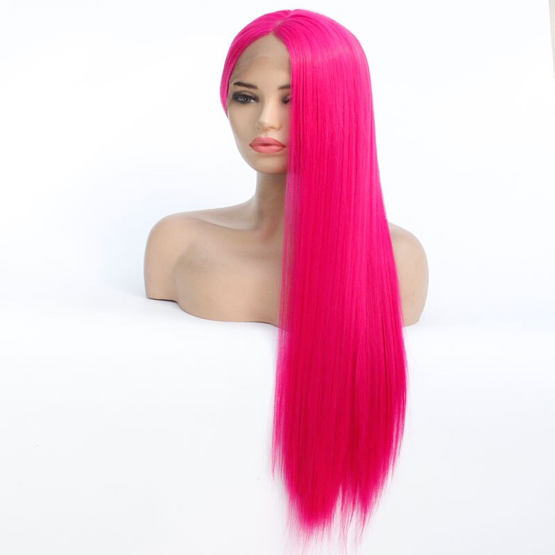 Rose Pink Synthetic Lace Front Wig Silky Straight Hand Tied Heat Resistant Fiber Free Part Natural Hairline Hair For Women Girls