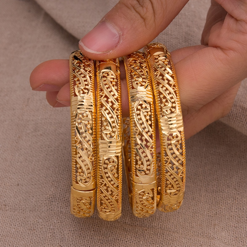 Wando 4Pcs African Dubai Gold Color Bangles Women Style Stripe Wedding Bride Bangle Bracelet Flower Bangle Jewelry Bracelet