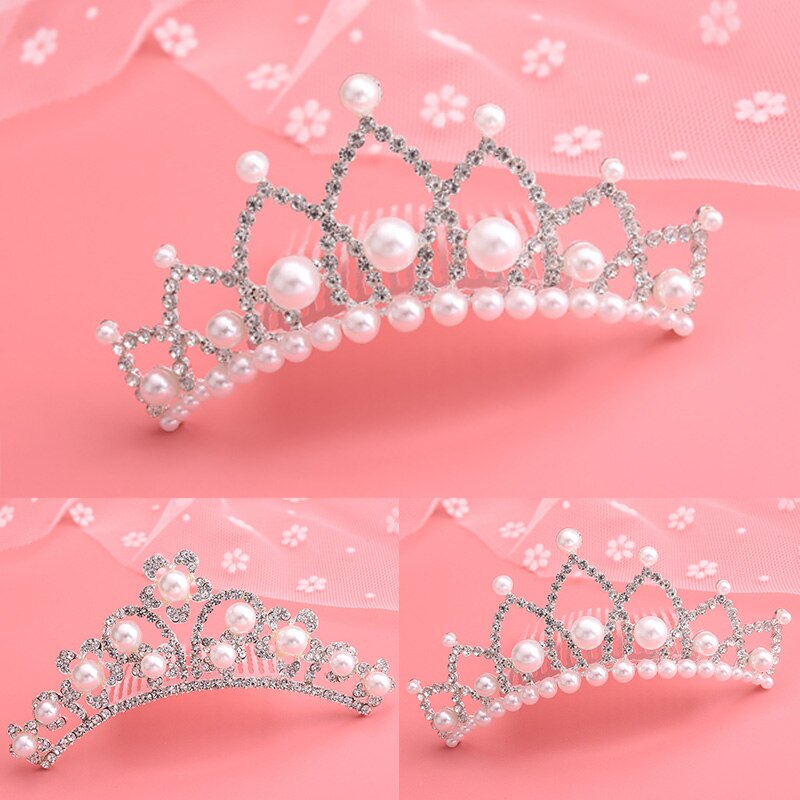 Princess Crystal Pearl Crown Bridal Tiaras Rhinestone Pageant Diadem Kid Girls Bride Headband Wedding Party Hair Accessories
