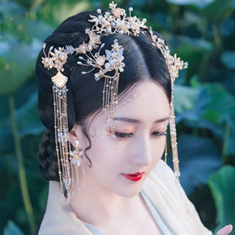 Qianji kinesisk hanfu hovedbeklædning brud fuldt sæt hår frynset kvast hårnål antik hår tilbehør med tilbehør
