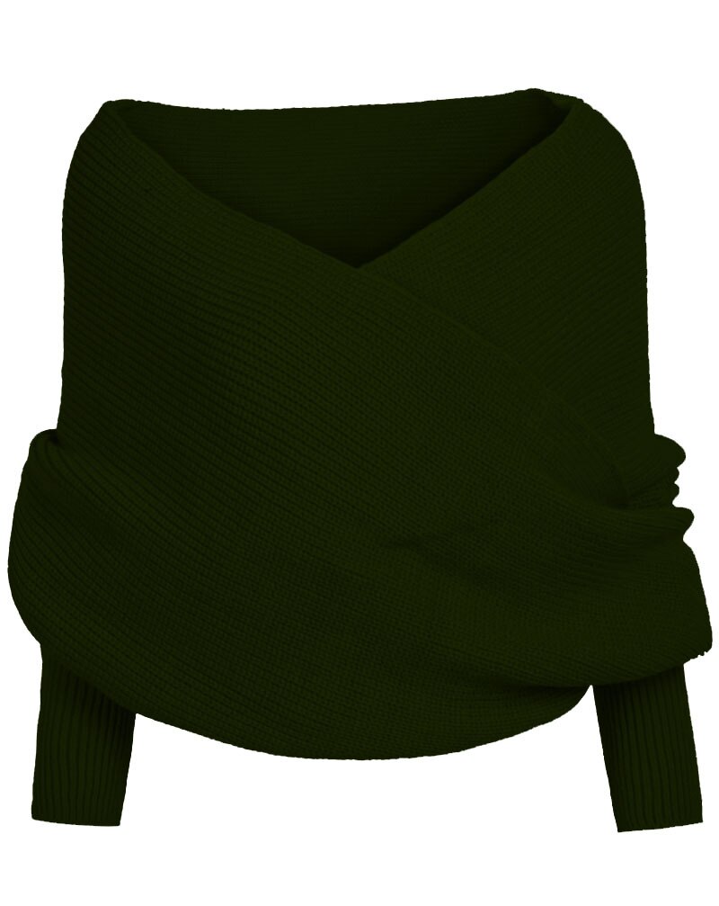 Kms Sexy Winter Warme Zachte Breiwol Lange Mouwen Wrap Shawl Effen Zwart Grijs Beige Rood Voor Vrouwen 200*42Cm: ARMY GREEN