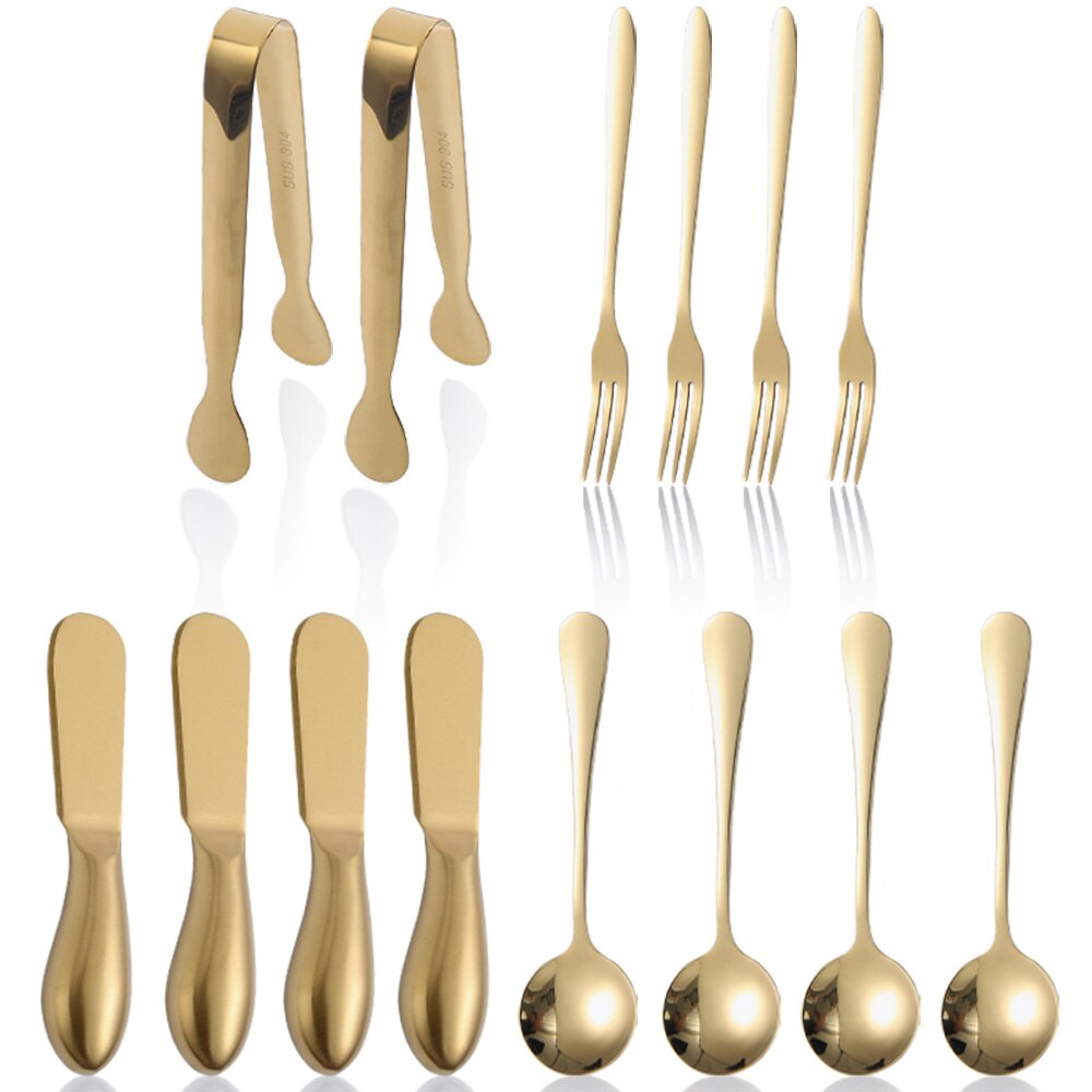 14/20pcs Gold Cheese Knife Set Cheese Spreaders Knife Butter Slicer with Mini Serving Tongs Spoons and Fruit Forks Knives Set: 14pcsgold