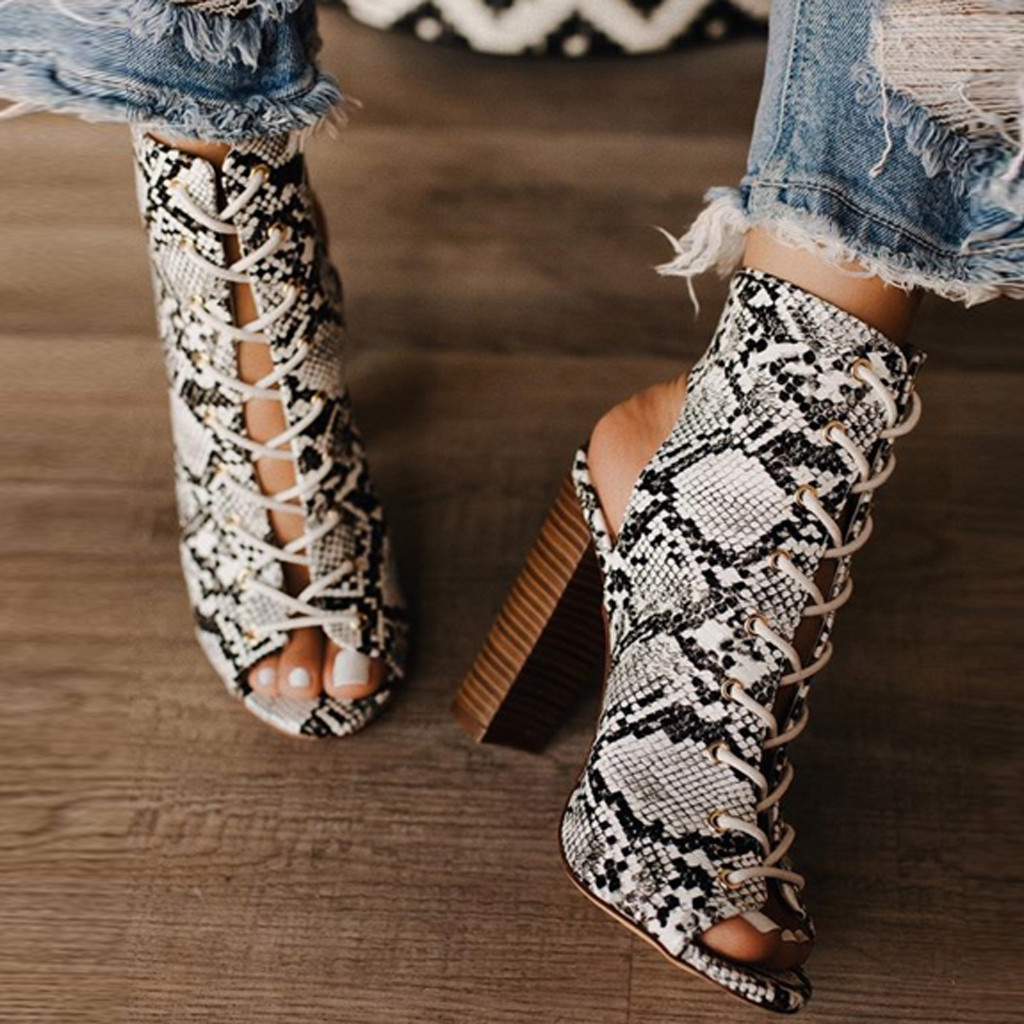 Summer Women's Sandals Snakeskin Strap High Heels Peep Toe Shoes Shallow Mature sandalias Ladies Boots Casual Shoes