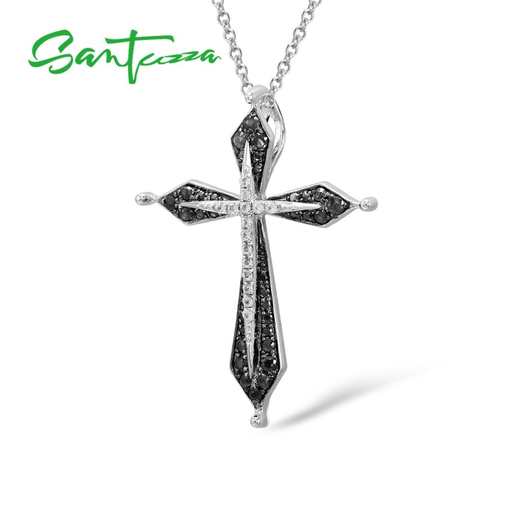 SANTUZZA Silver Pendant For Women Pure 925 Sterling Silver Vintage Black Cross Pendant Fit for Necklace Jewelry