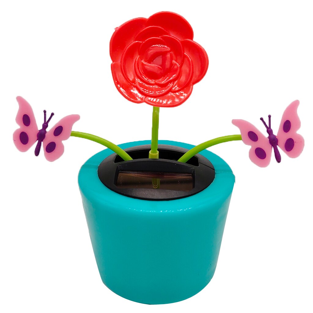 Zonne-energie Blue Bloempot Rose Vlinder Swing Plant Doll Ornament Auto Dashboard Home Decoratie