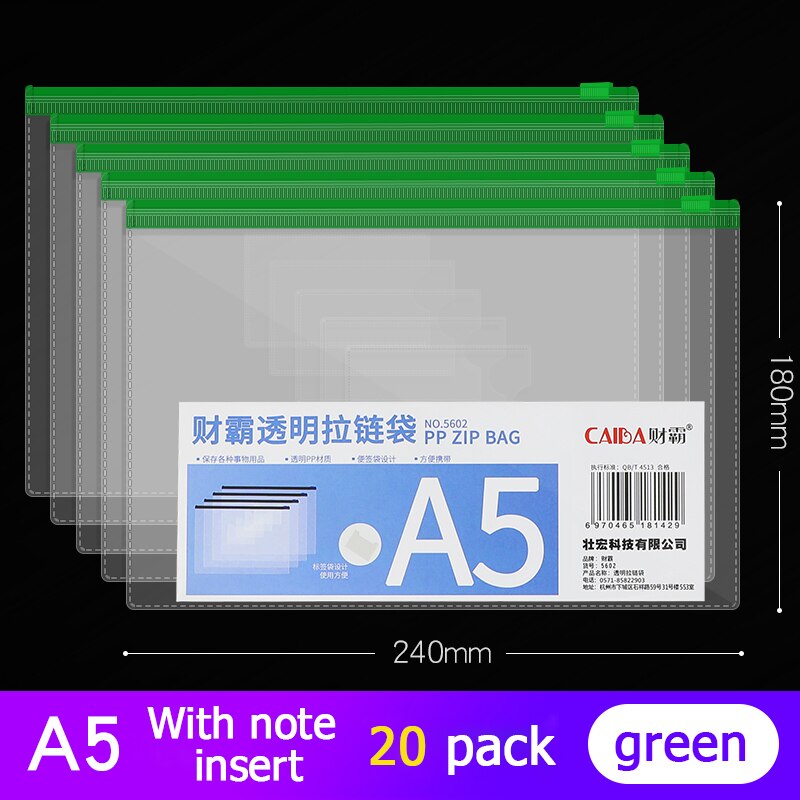 20Pcs Bestand Houder Transparant Plastic Informatie Tas A5 Rits Grote Capaciteit Boek Tas A4 Briefpapier Student Office Bestand Zak: A5 green