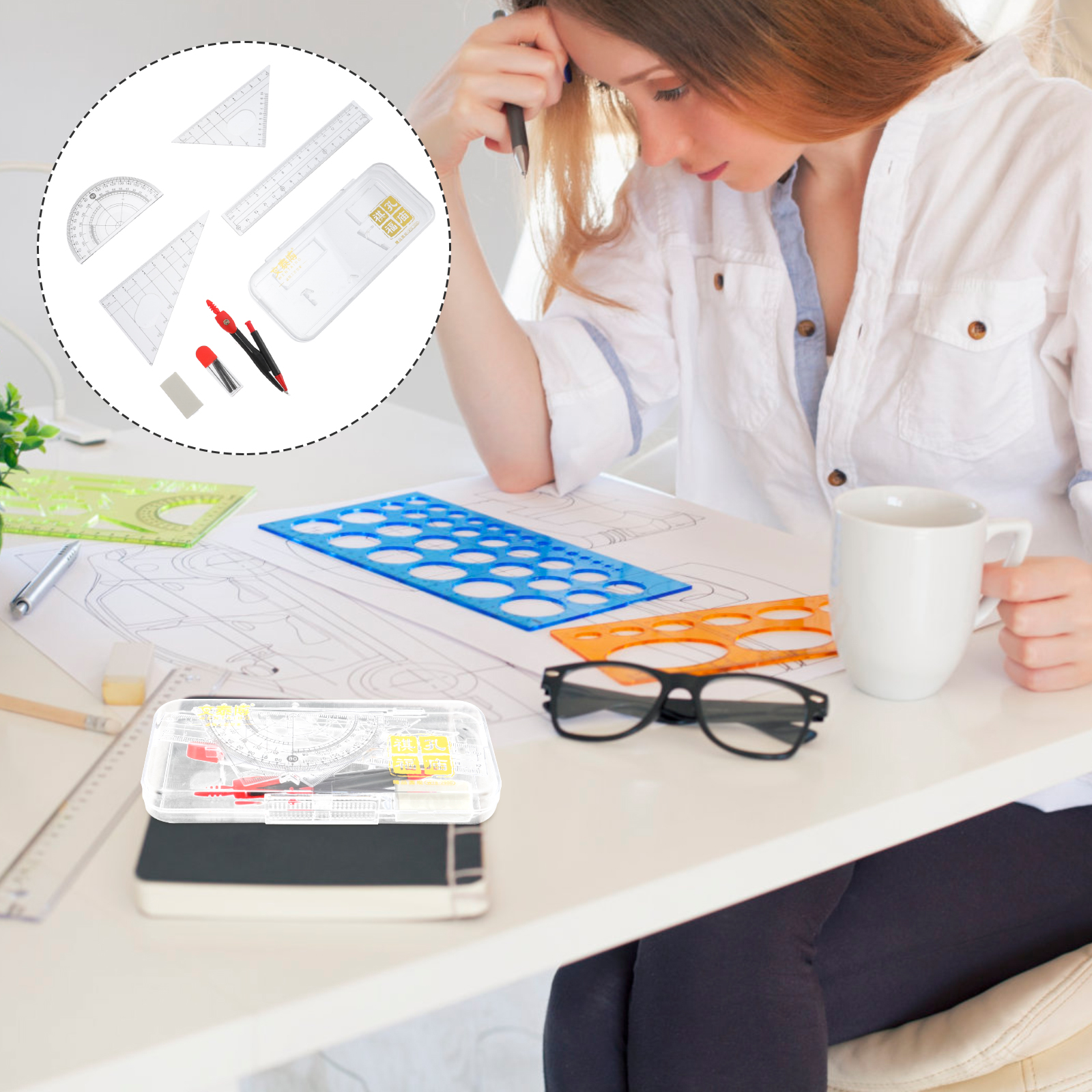 1 Set Carton Compass Ruler Tool Geometry Drawing Tool Engineering Drawing Ruler (Random Color)