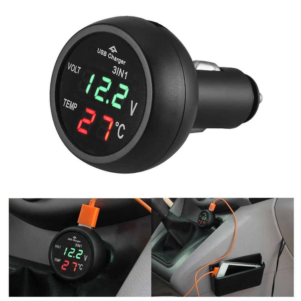 VODOOL 3 in 1 12/24V Car Auto LED Digital Voltmeter Gauge Thermometer Monitor Display USB Charging Charger For Phone Tablet GPS