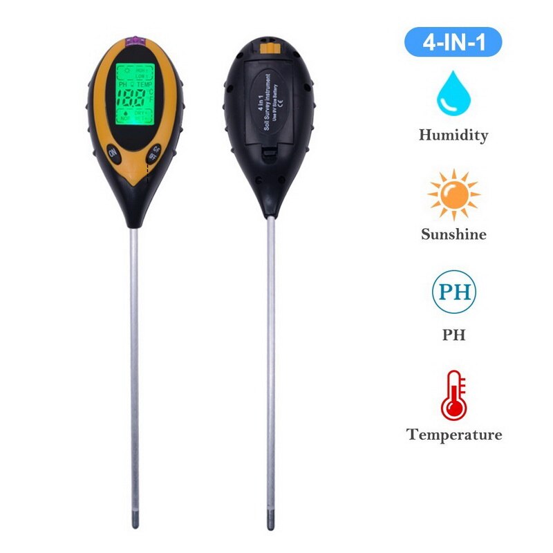 Jord ph meter jord tester ph fugtighedsmåler temperatur sollysintensitet måling analyse surhedsgrad alkali 4 in 1 digital: Sort gul (4 in 1)