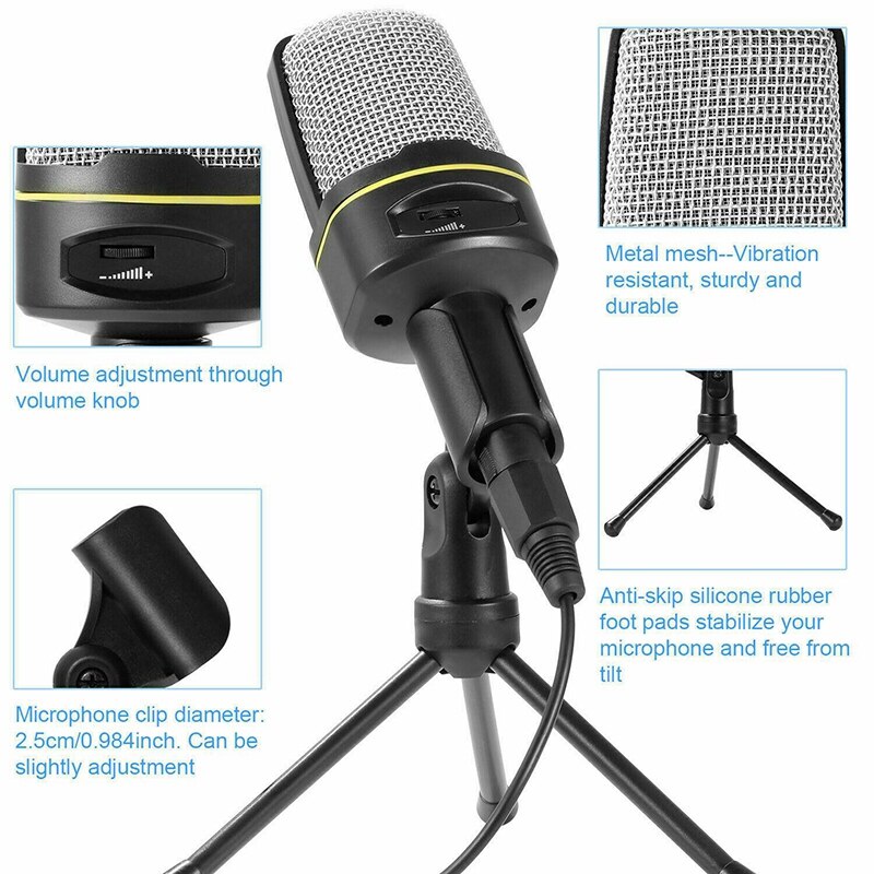 Condenser Microphone 3.5mm Plug Home Stereo MIC Desktop Tripod for PC Video Skype Sing Chatting Gaming Podcast Recording