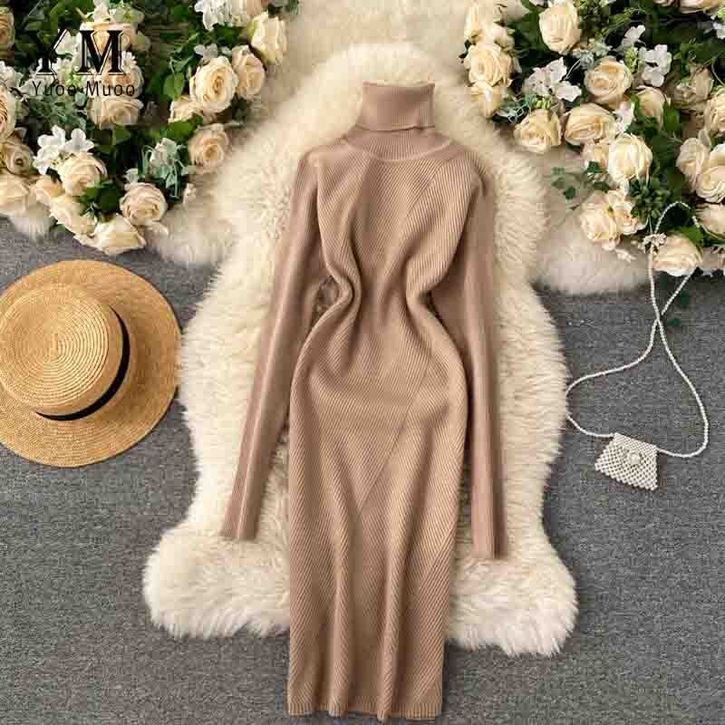 Yuoomuoo Trui Jurk Winter Coltrui Warme Lange Mouw Gebreide Jurk Alle Match Casual Solid Vrouwen Bodycon Jurk: Khaki