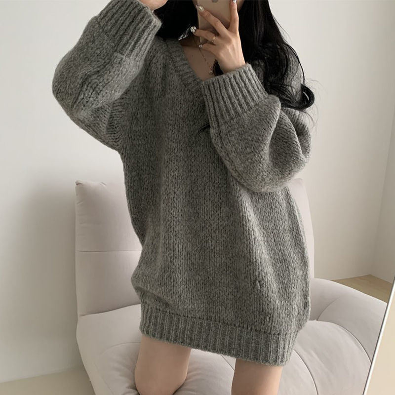 Pull mi-long en tricot pour femme, style paresseux, col en v, étudiant Y2K, version coréenne, fin et polyvalent, top