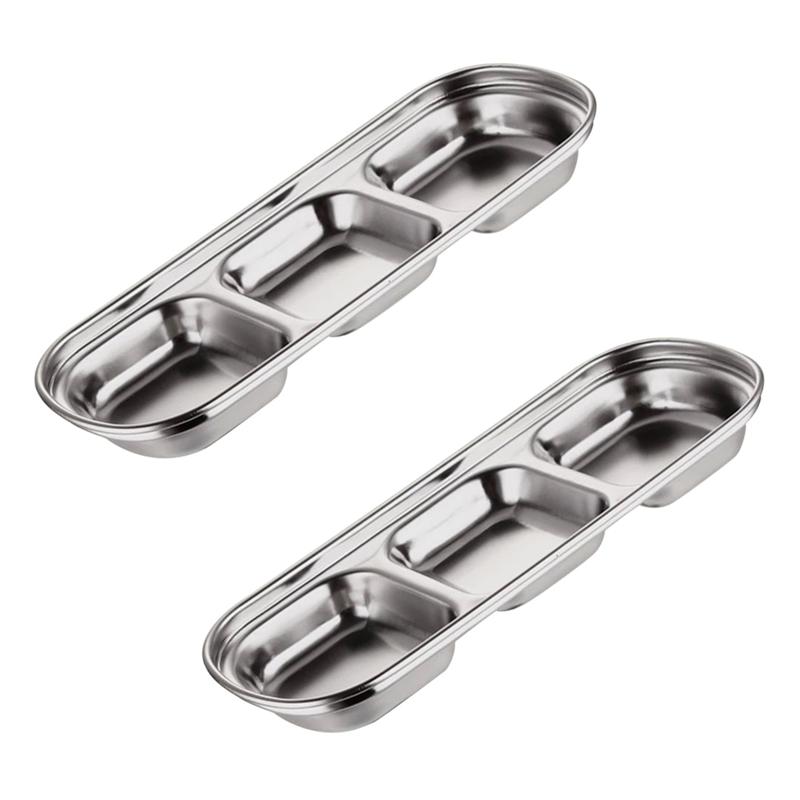 2PCS Stainless Steel Dip Dish Condiment Plate Sub-Grid Flavored Sauce Vinegar Bowl Compartment Seasoning Dipping Plates (3-Grid)