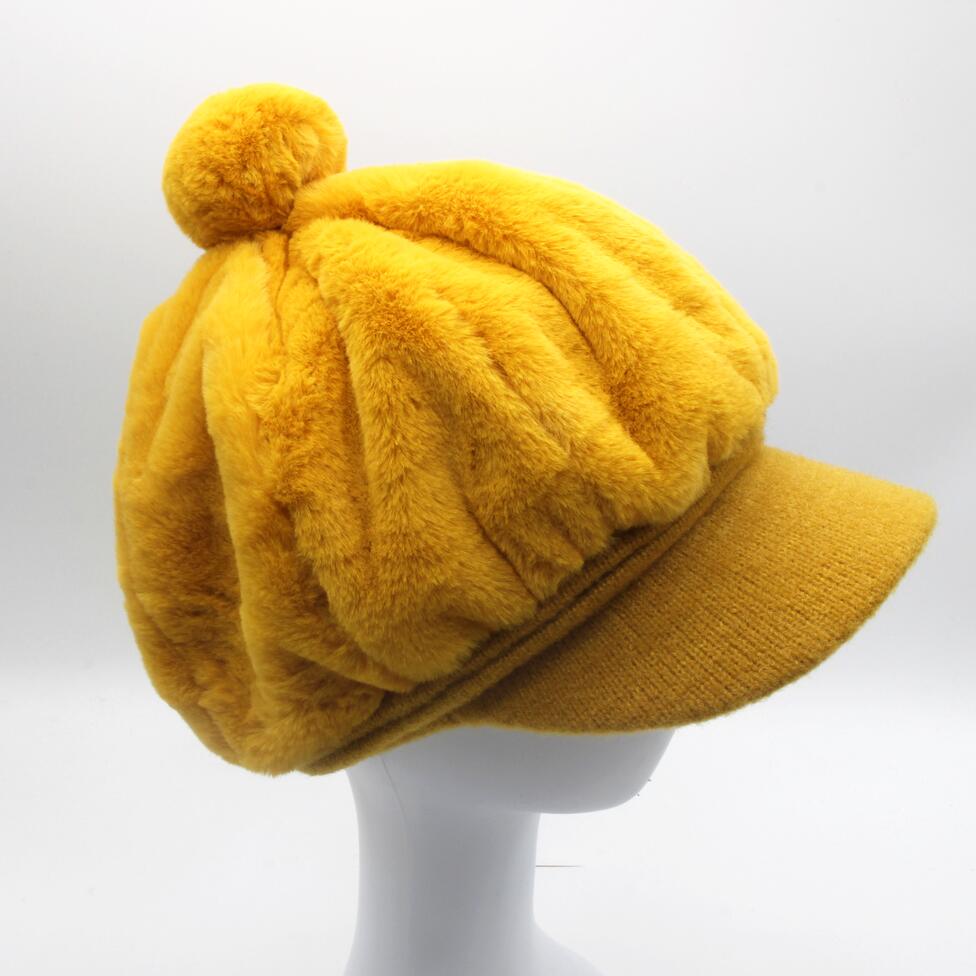 Gorro de punto para niña y niño, boina rosa, octogonal, liso, Newsboy, sombrero para mujer de piel sintética, sombrero de panadero con pompón: Mustard