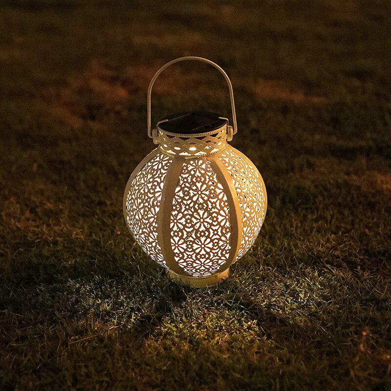 2 Pack Hanging Solar Lantern Metal Led Table Lamp Outdoor Solar Hollow-Out Lights with Handle, 6 Lumens, White