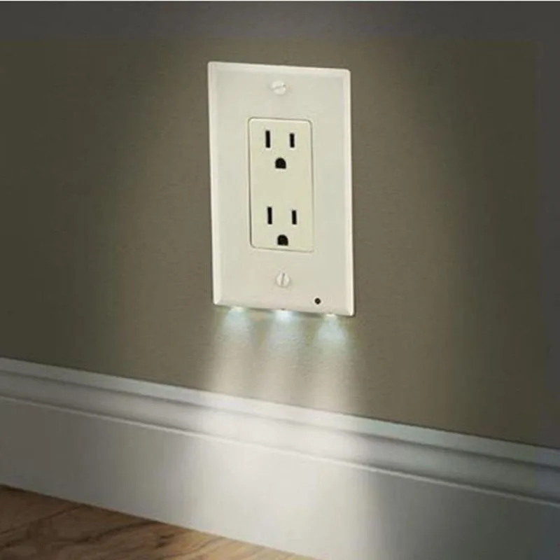 Duplex Electrical Outlet Modern Plugboard Plug-In Electrical Receptacle Wall Plate With LED Night Lights - Auto On/Off Sensor