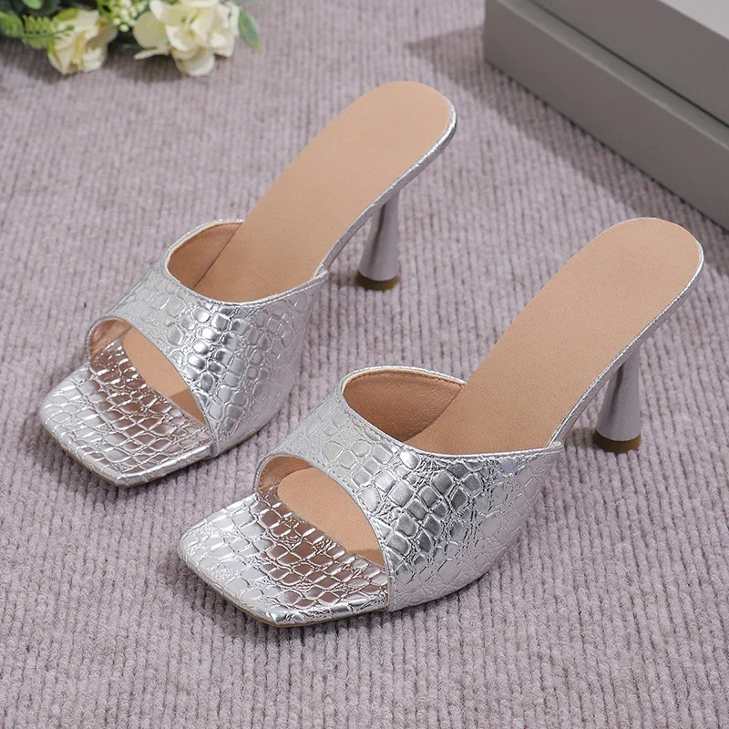 Luxury Gold Silver High Heels Sandals Women Slip On Square Toe Summer Slippers Woman Plus Size 43 Thin Heeled Party Shoes