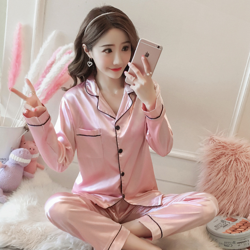 Pyjamas sidenset för kvinnor ledig långärmad nattlinne tjejer söt nattkläder lyxiga hemkläder söt heminredning mujer: Rosa / Xl