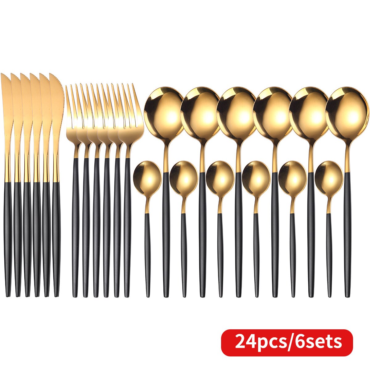 Ménagère de couverts en acier inoxydable colorés, service de table couleur or, effet miroir avec couteaux, fourchettes, cuillères, parfait pour le dîner, 24 pièces: C