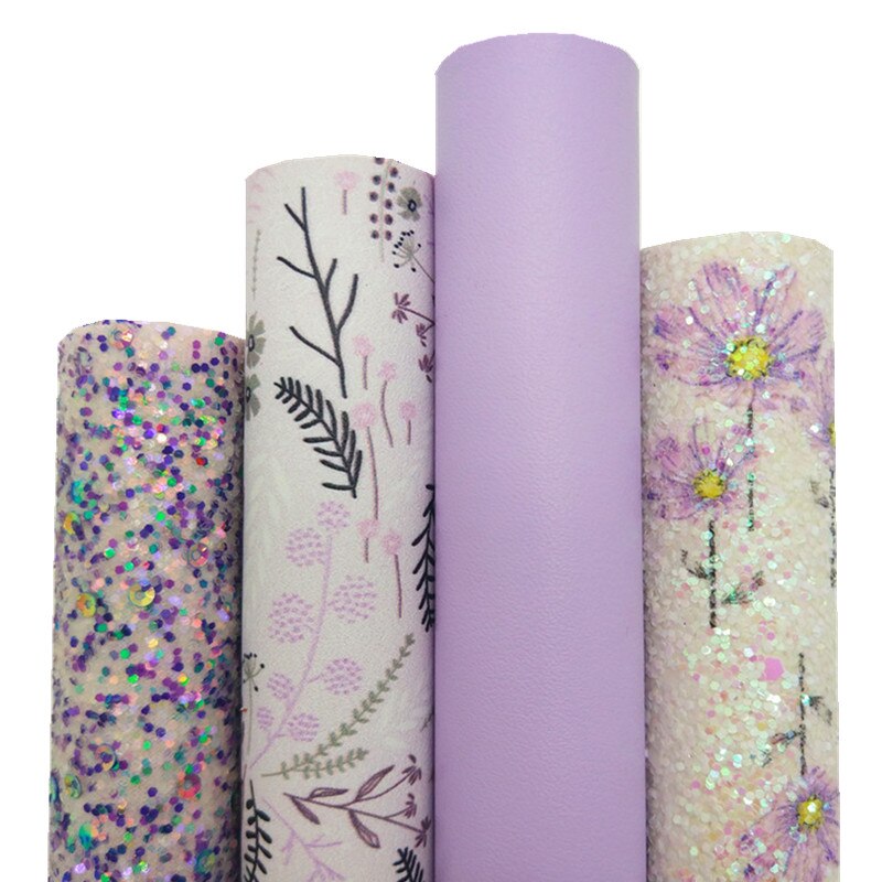 Purple Glitter leather, Flowers Printed Synthetic Vinyl Faux Leather Sheets Smooth Leather Felt Backing For DIY 21x29CM Q290