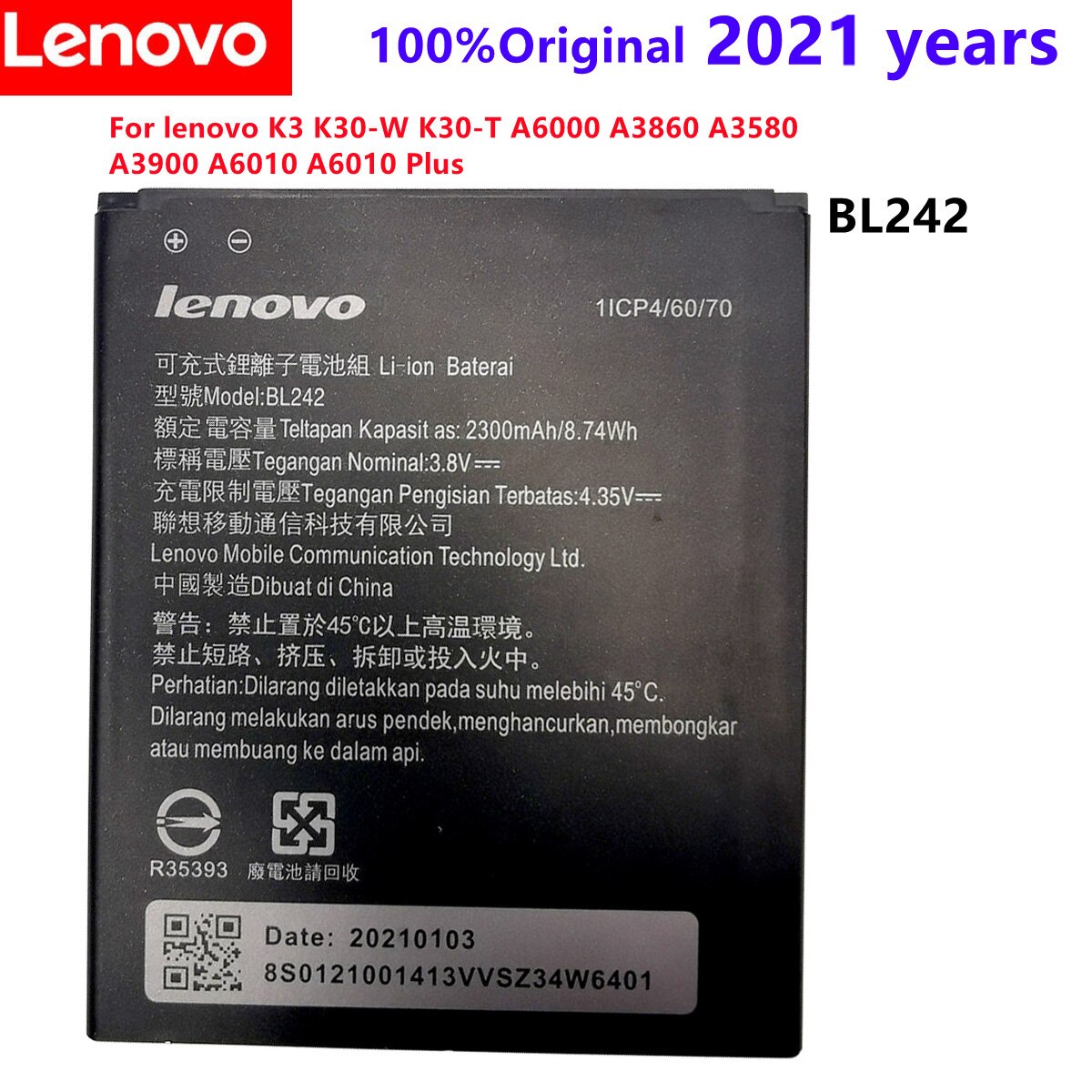 BL243 BL210 BL259 BL242 batería para lenovo K3 K30-W K30-T A6000 A3860 A3580 A3900 A6010 A6010 Plus batería acumulador: BL242