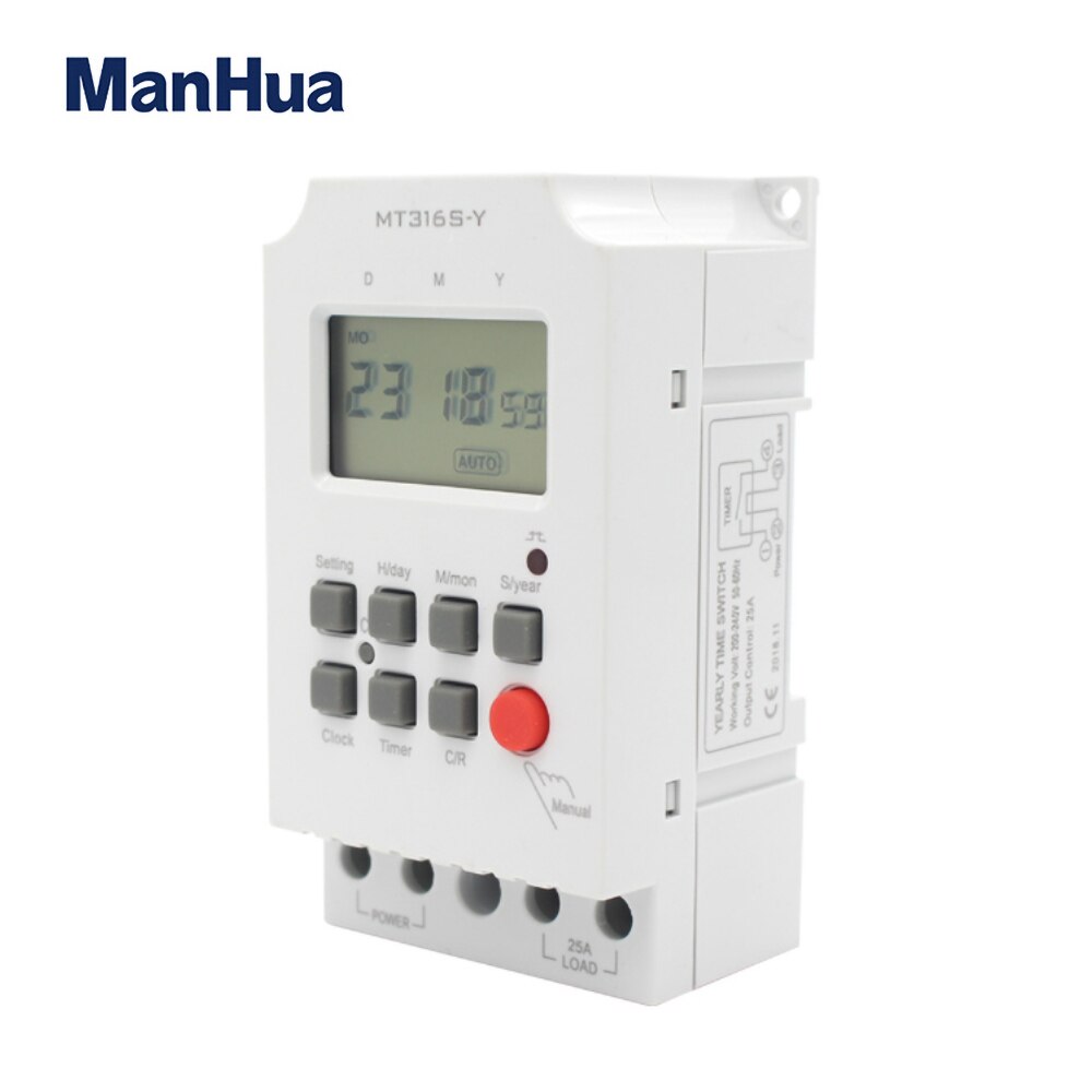 ManHua 220VAC 25A Din Rail Programmable Timer MT316S-Y with LCD Daily/Monthly Timer/Yearly Digital Time Switch