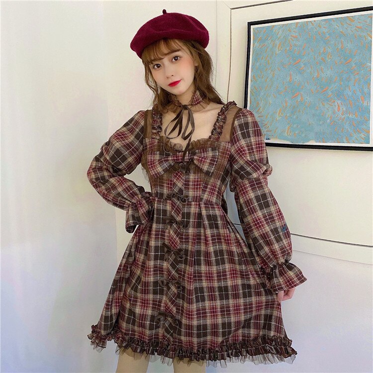 Japanese retro cute student plaid dress long sleeve dress women victorian dress kawaii girl gothic lolita op loli cos cute girl