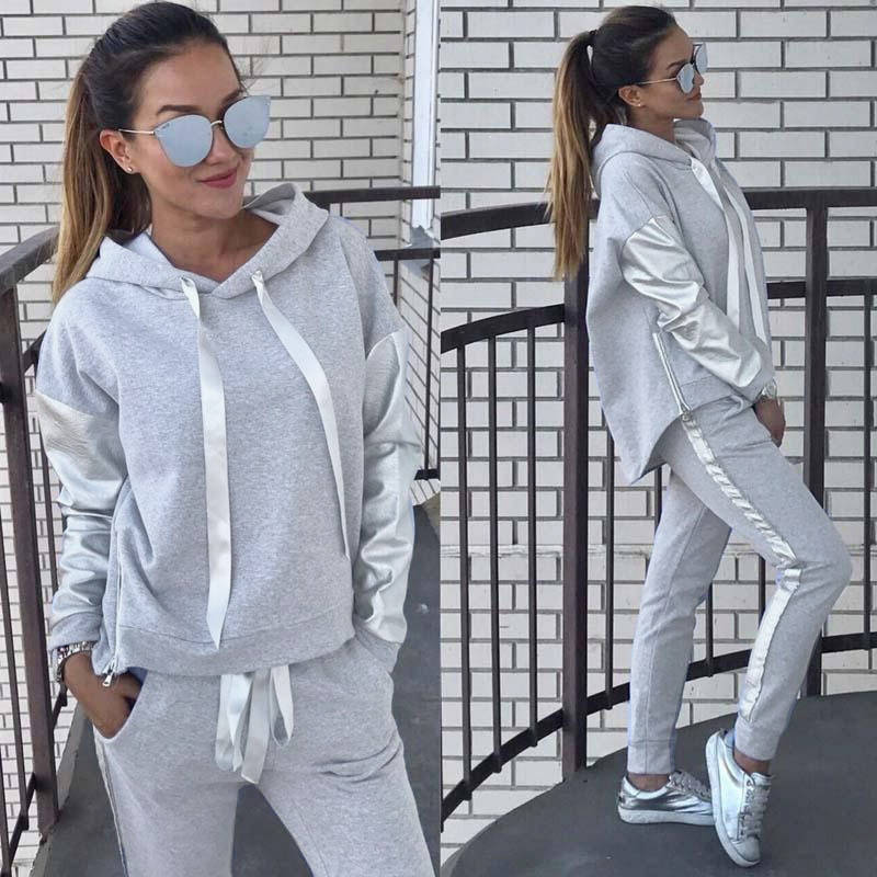 Autumn Winter Tracksuit Long Sleeve Thicken Hooded Sweatshirts 2 Piece Set Casual Sport Suit Women Training Hoodie Suit: S / light gray