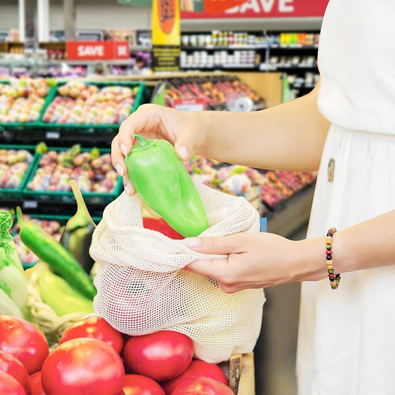 Sacos orgânicos da malha do algodão dos sacos reusáveis do produto para a mercearia vegetal do fruto que compra o desperdício zero costurou o saco da malha