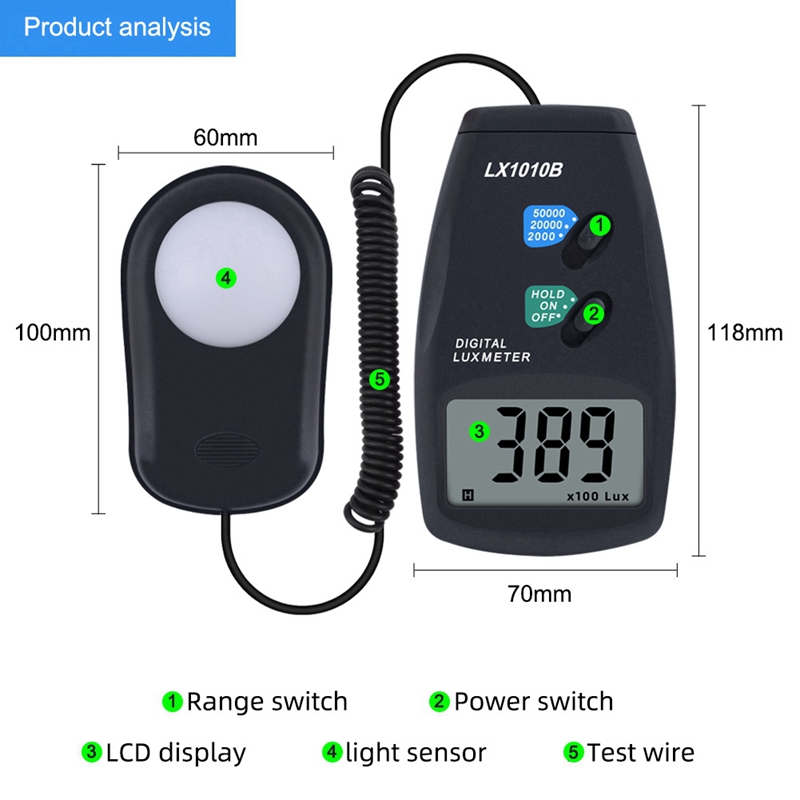 Digital Light Meter 3 Range LX-1010B Digital Meter/Digital Illuminance Meter 0-50000 Lux Photometer Exposure Meter