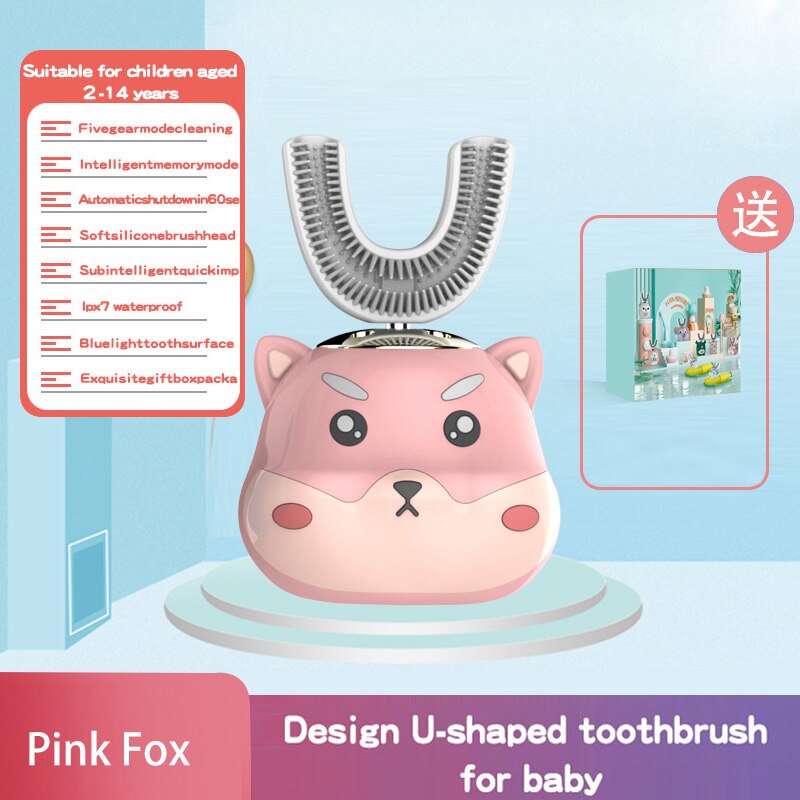 Intelligente 360-Graden Elektrische U-Vormige Tandenborstels Voor Kinderen Bevatten Automatische Ultrasone Tanden Ceaning En Whitening Auto: Pink fox