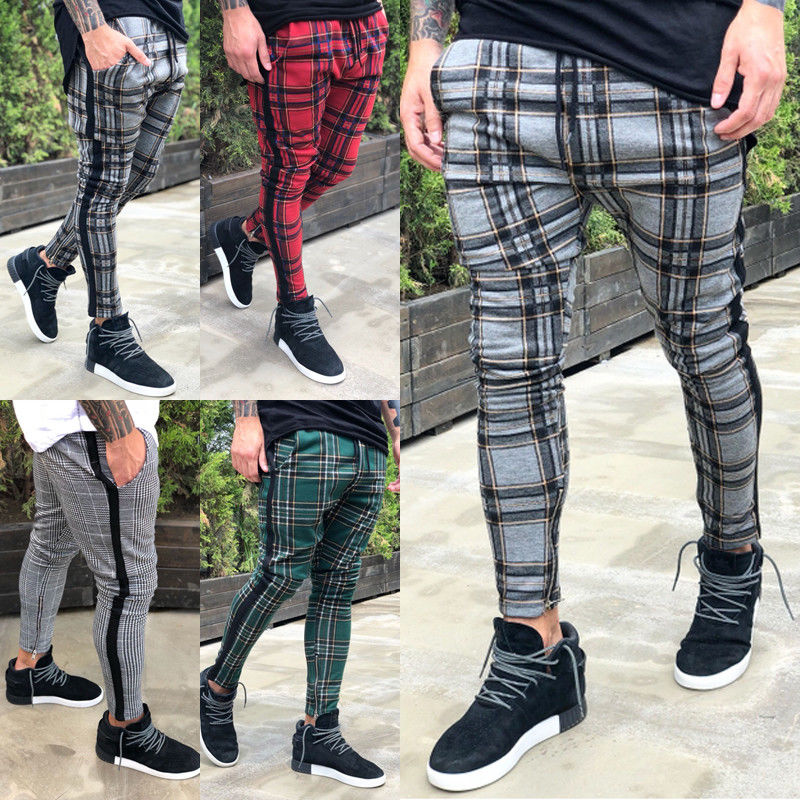 Pants Men Vogue Vintage Plaid Zippers Casual Pencil Pants Trousers Men Side Striped Pockets Casual Harem Pants Trouser