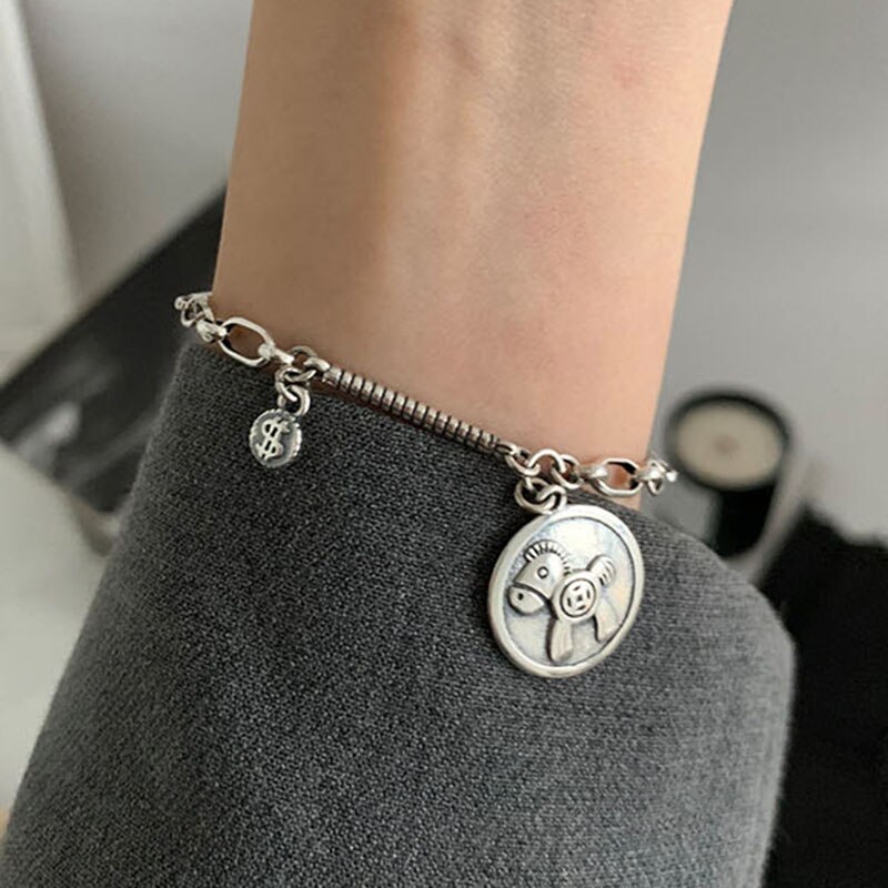 925 Sterling Zilveren Dikke Ketting Charm Armband Voor Vrouwen Vintage Handgemaakte Ronde Kaart Thai Zilveren Trendy Partij Sieraden: VBS4259