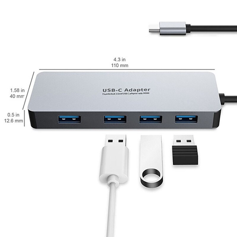 Estación de acoplamiento USB C, adaptador de TYPE-C 5 en 1, de 4 puertos HUB USB, carga PD, adecuado para todos los dispositivos USB C, PC/tableta